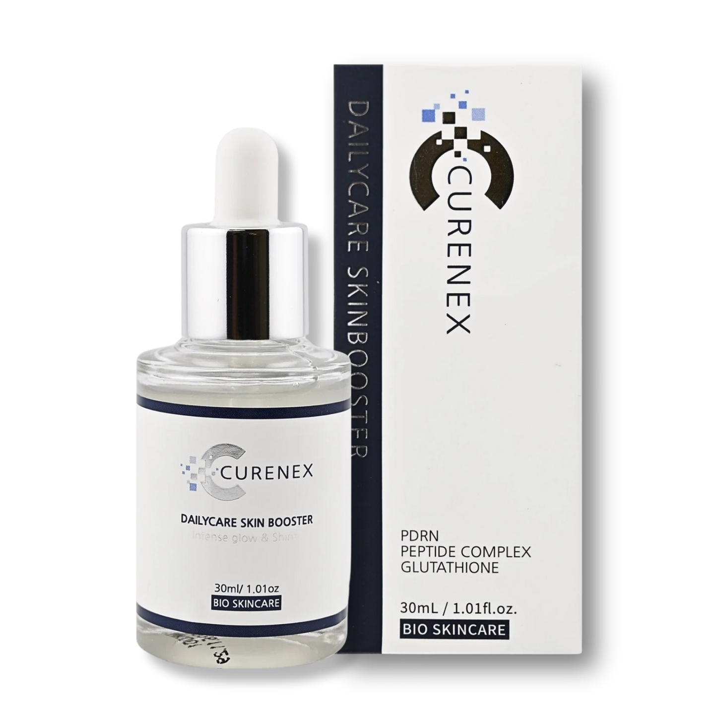 Curenex skincare booster bottle with packaging on a white background