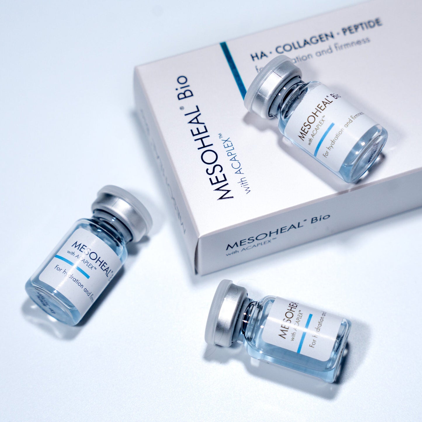 Mesoheal Bio vials and packaging on a light gray background