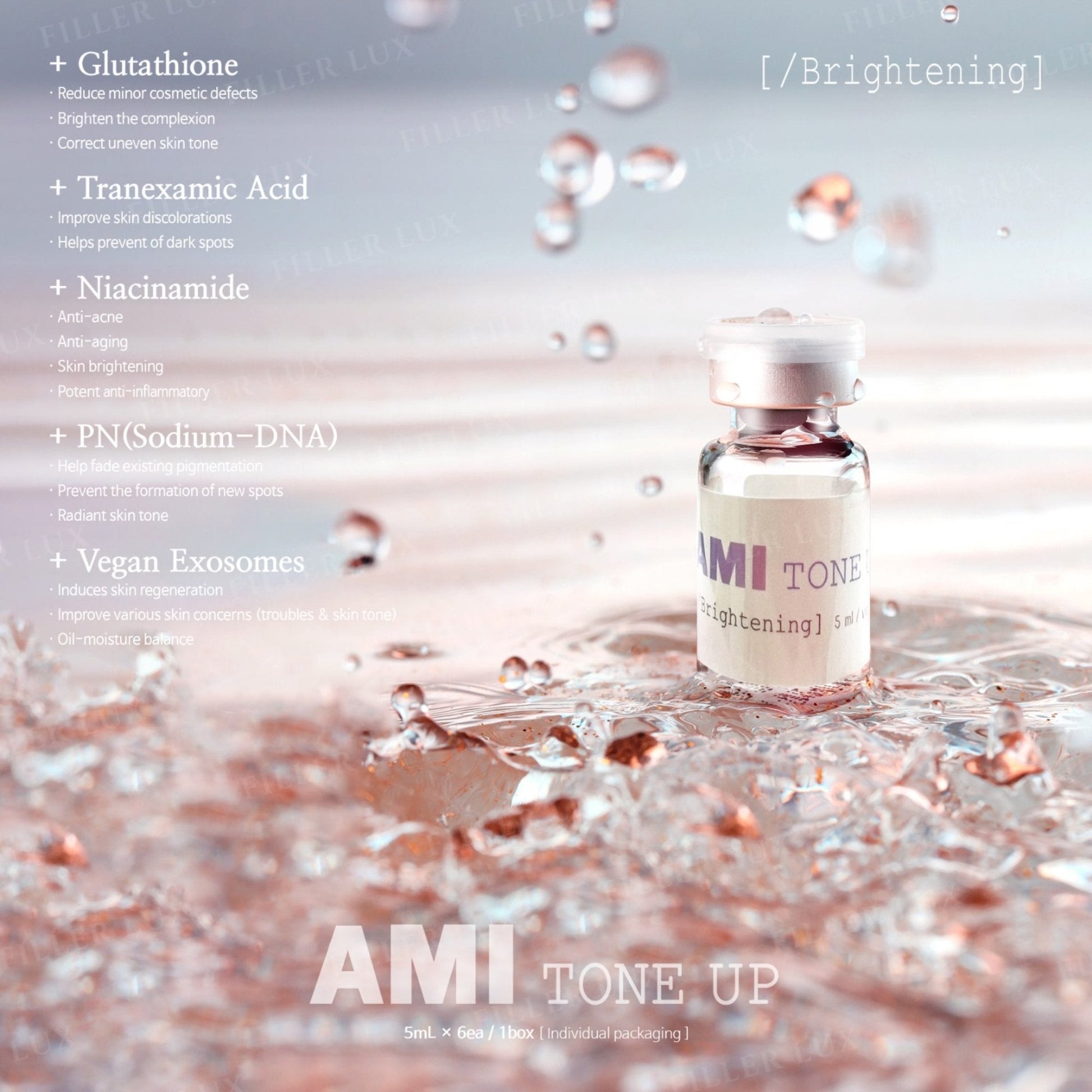 Ami Tone Up topical cosmetic brightening solution displayed before application.